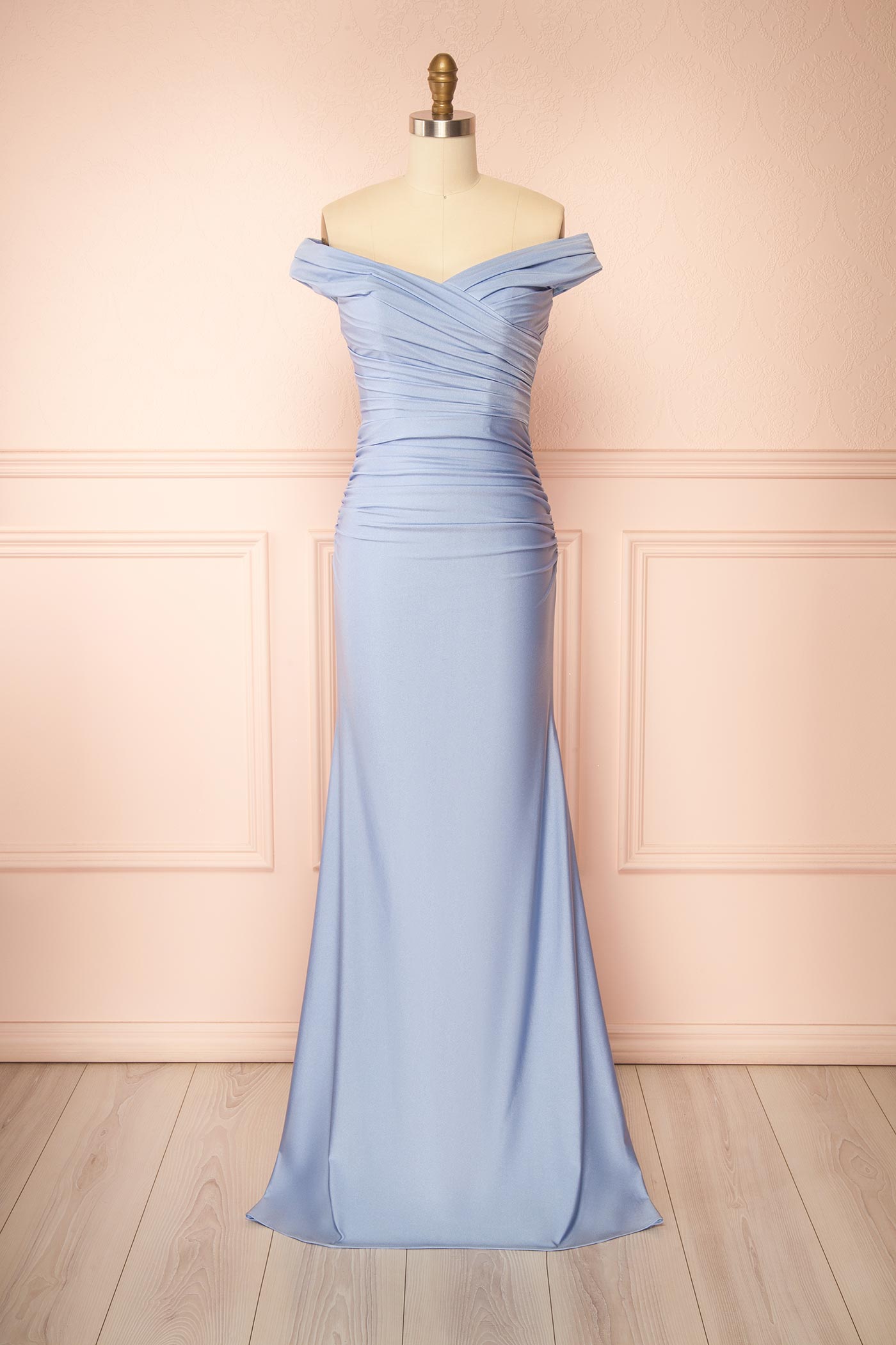Kailey Light Blue | Satin Off Shoulder Maxi Dress
