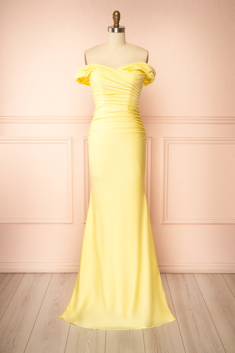 Kailey Light Yellow Satin Off Shoulder Maxi Dress
