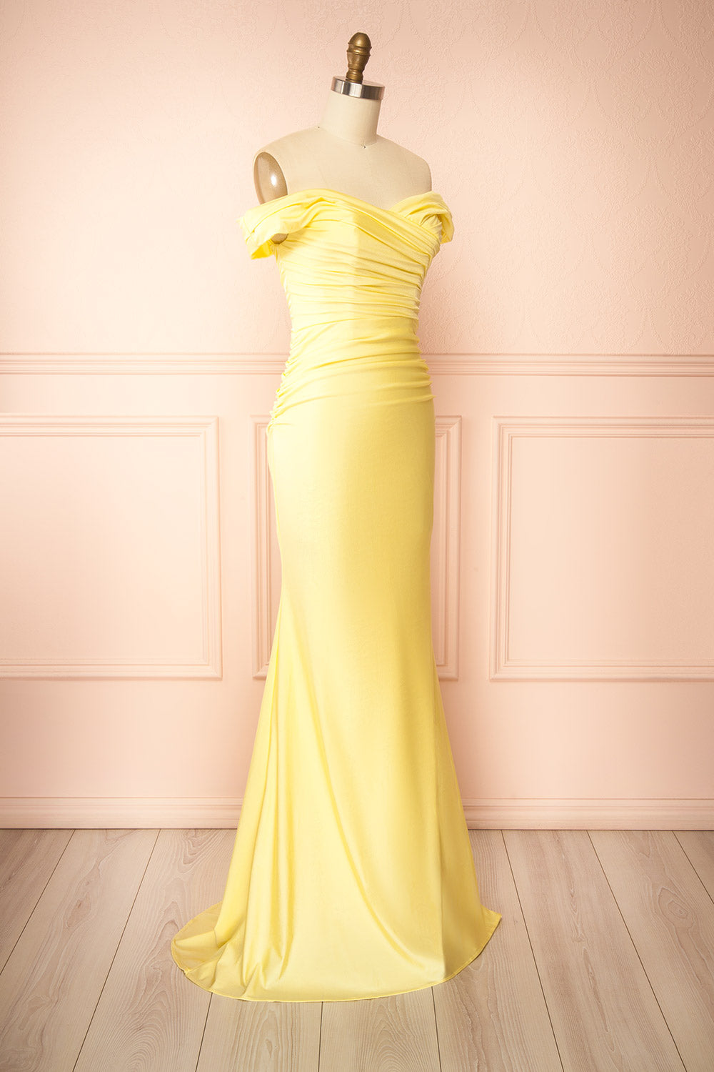 Kailey Light Yellow Satin Off Shoulder Maxi Dress | Boutique 1861 side view