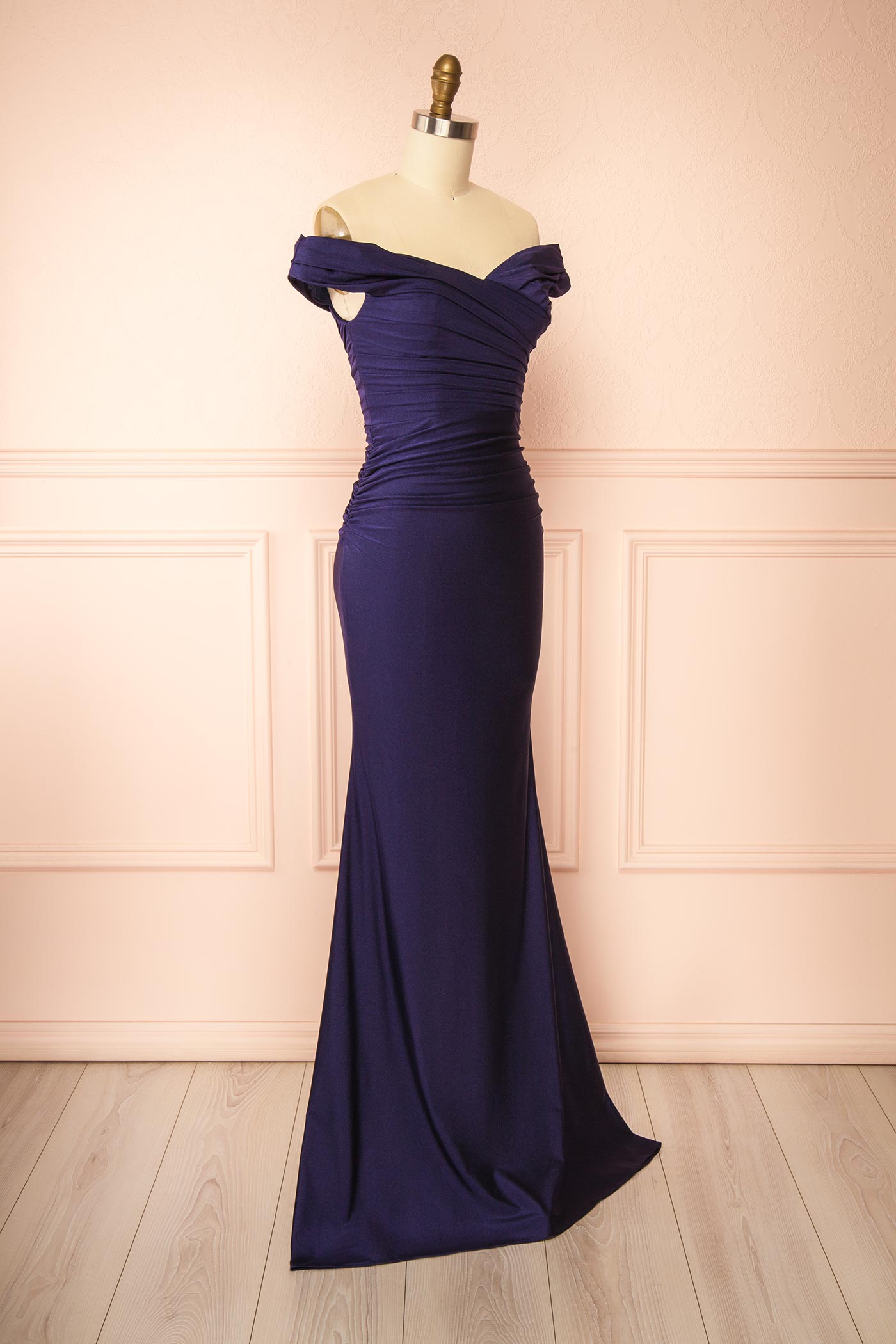Kailey Navy | Satin Off Shoulder Maxi Dress