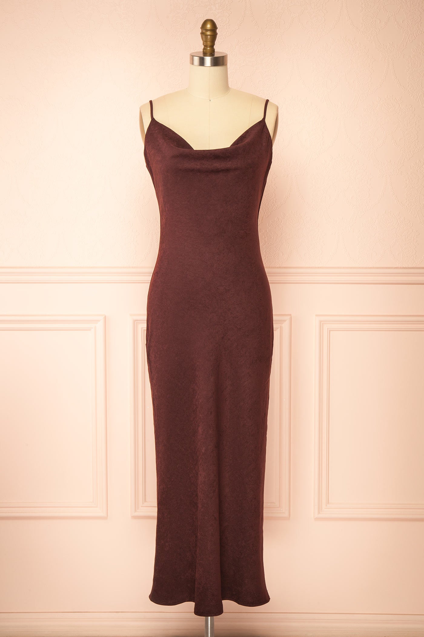 Kaissa Brown Faux Suede Cowl Neck Midi Slip Dress | Boutique 1861 front