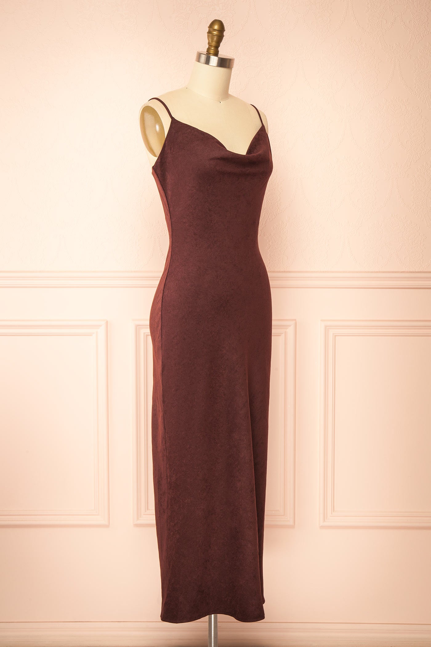 Kaissa Brown Faux Suede Cowl Neck Midi Slip Dress | Boutique 1861 side