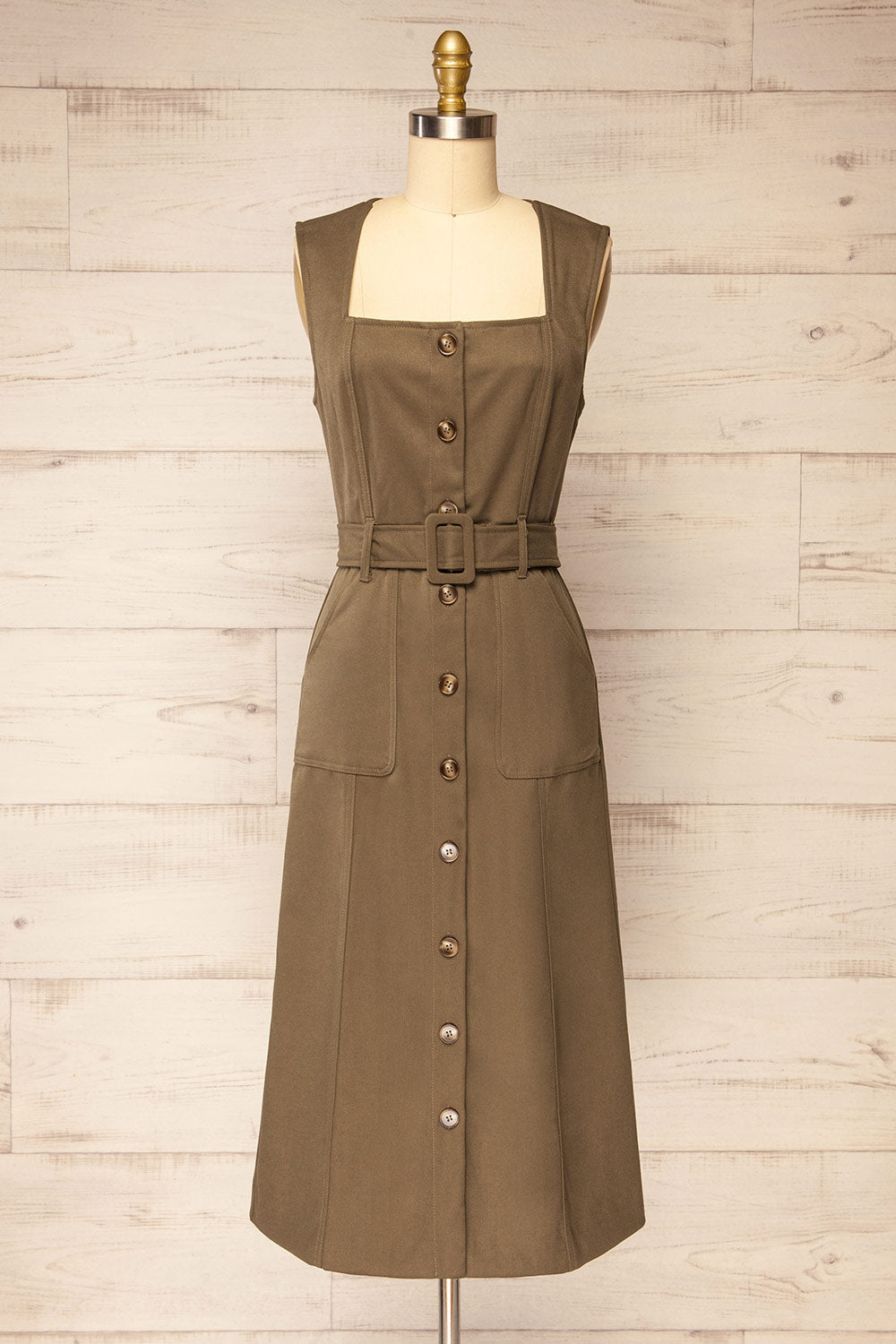 Kalias Khaki Midi Dress w/ Belt |  La petite garçonne front view