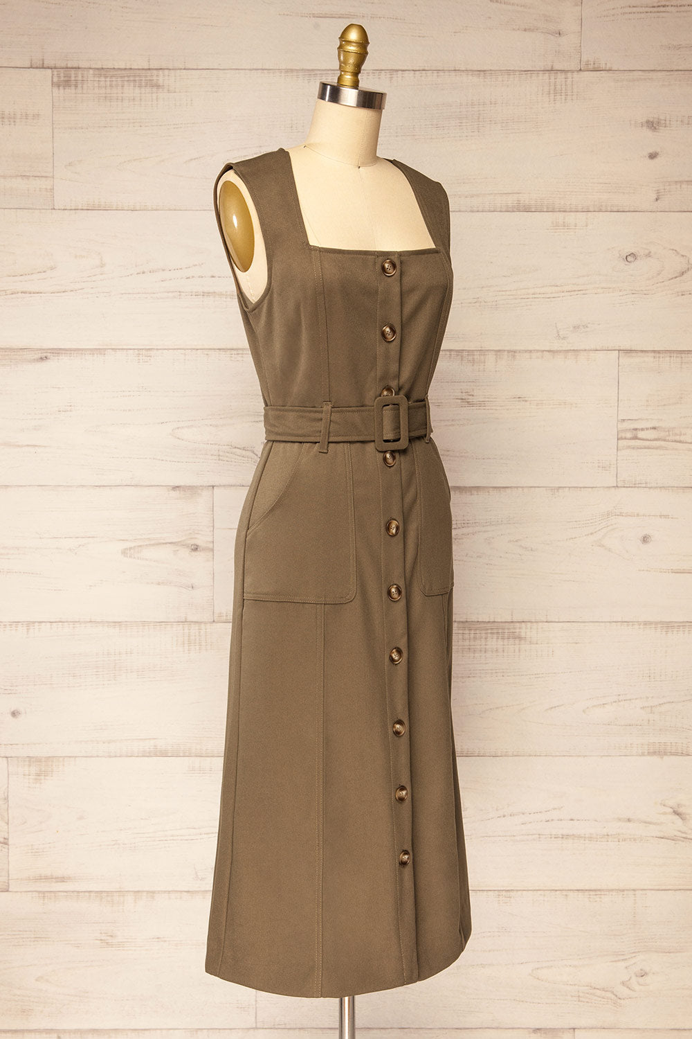 Kalias Khaki Midi Dress w/ Belt |  La petite garçonne side view