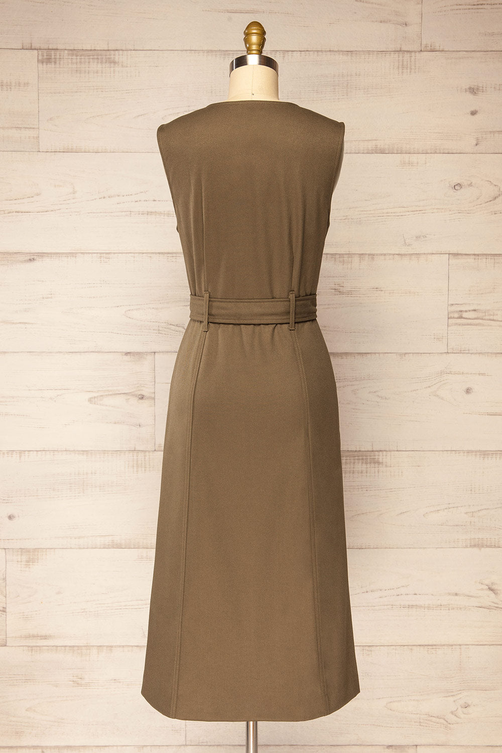 Kalias Khaki Midi Dress w/ Belt |  La petite garçonne back view