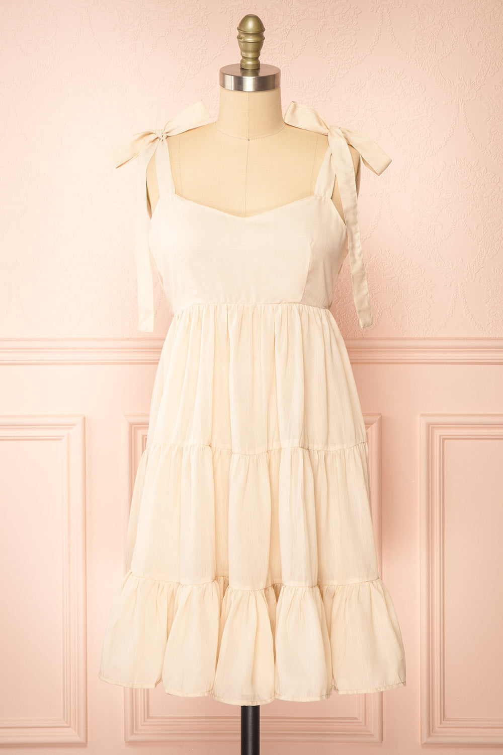 Kamet Beige Babydoll Dress w/ Bow Straps | Boutique 1861 front view
