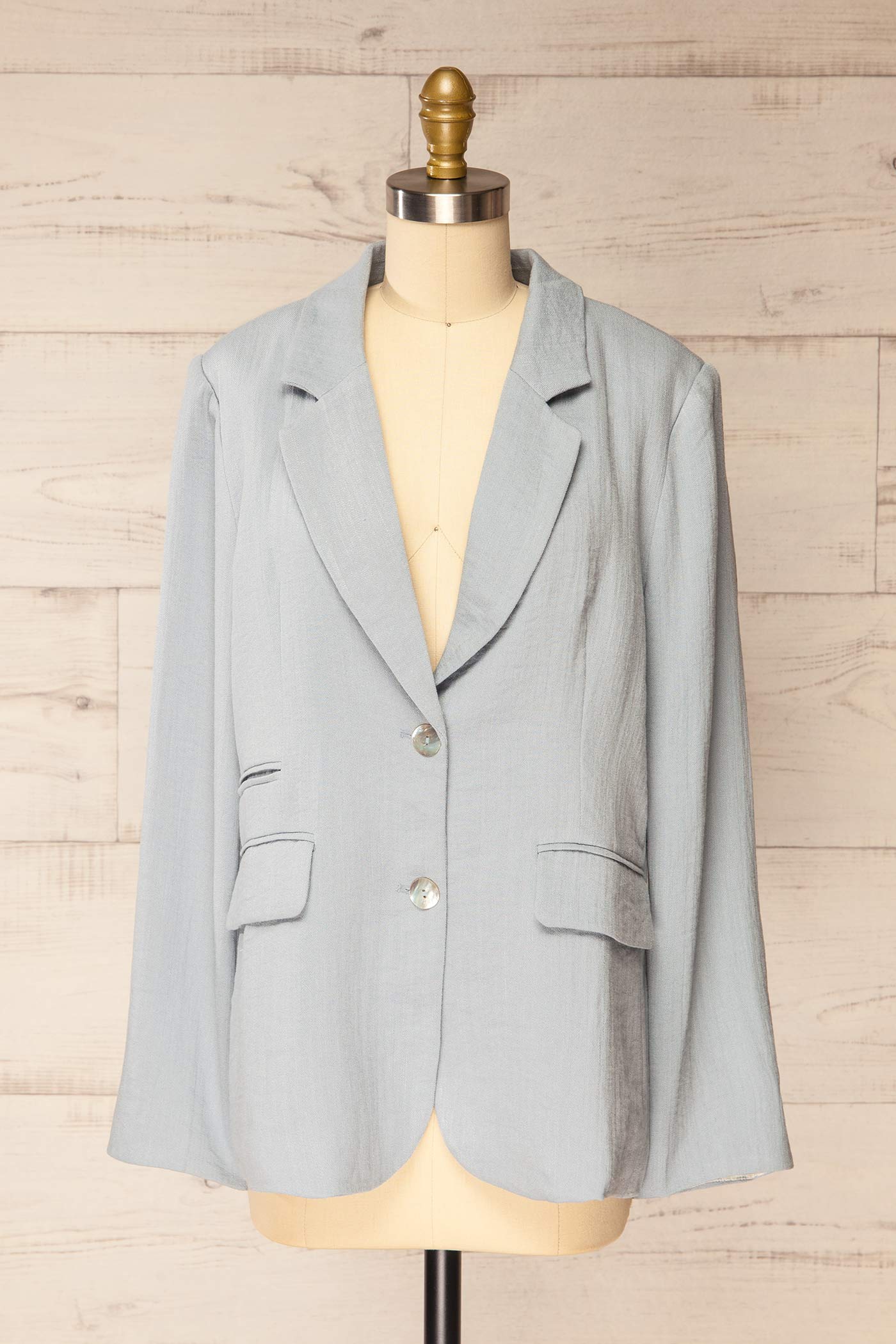 Frontview Kandla Oversized Light Blue Blazer with Lace Cuff Detail at la petite garçonne