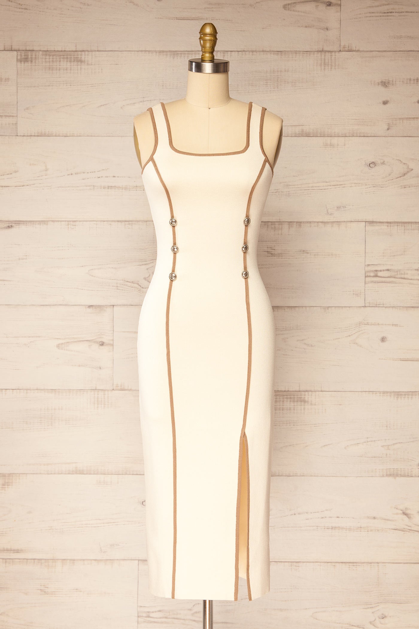 Kangra Beige Contrast Knit Midi Dress With Slit and Buttons | La petite garçonne front