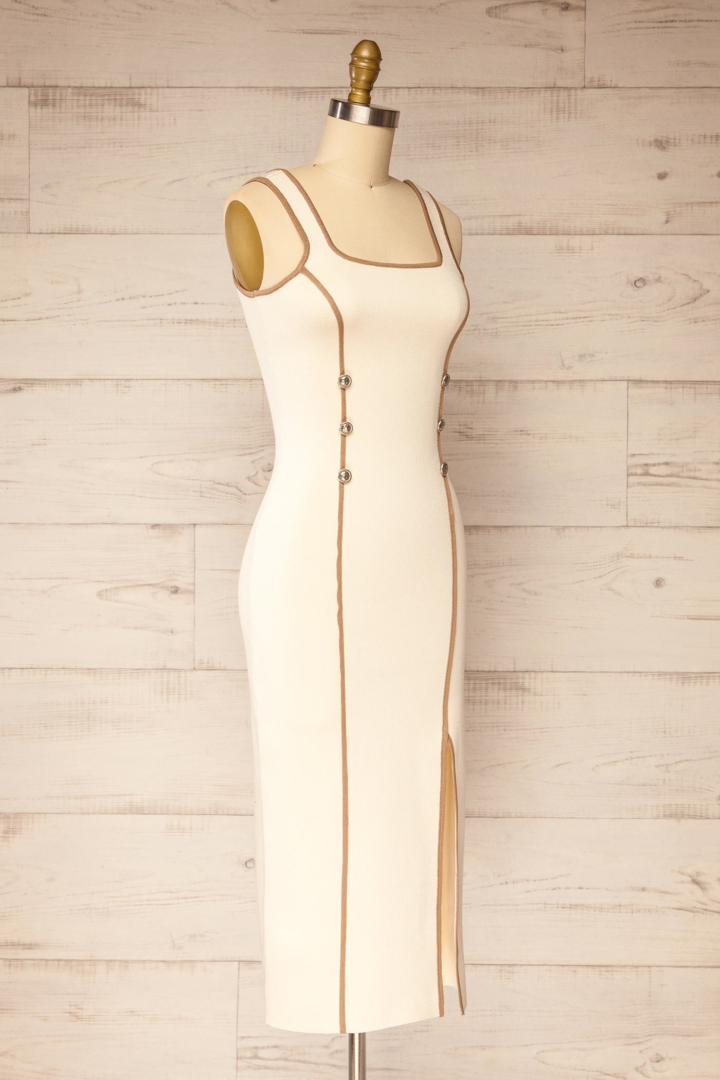 Kangra Beige Contrast Knit Midi Dress With Slit and Buttons | La petite garçonne side 