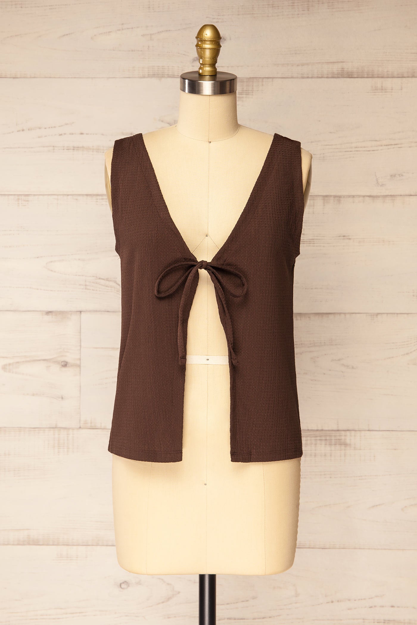 Front view Kannur Brown Textured Tie-Front Sleeveless Top at boutique 1861