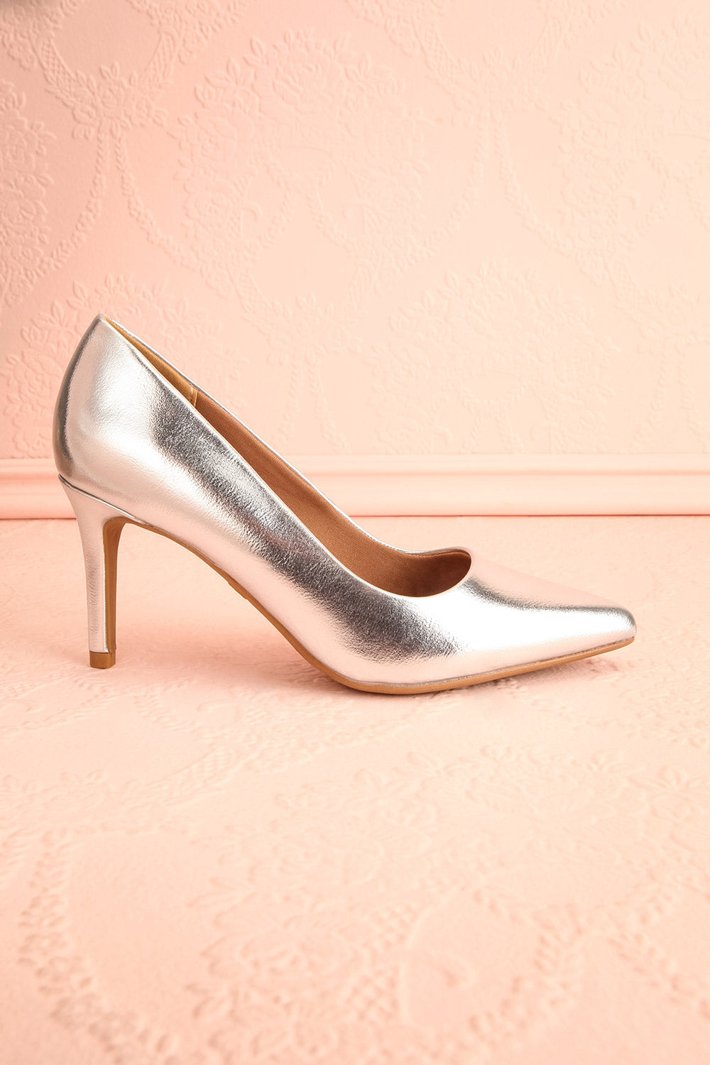 Karah Silver Pointed-Toe Pumps | Boutique 1861 side view