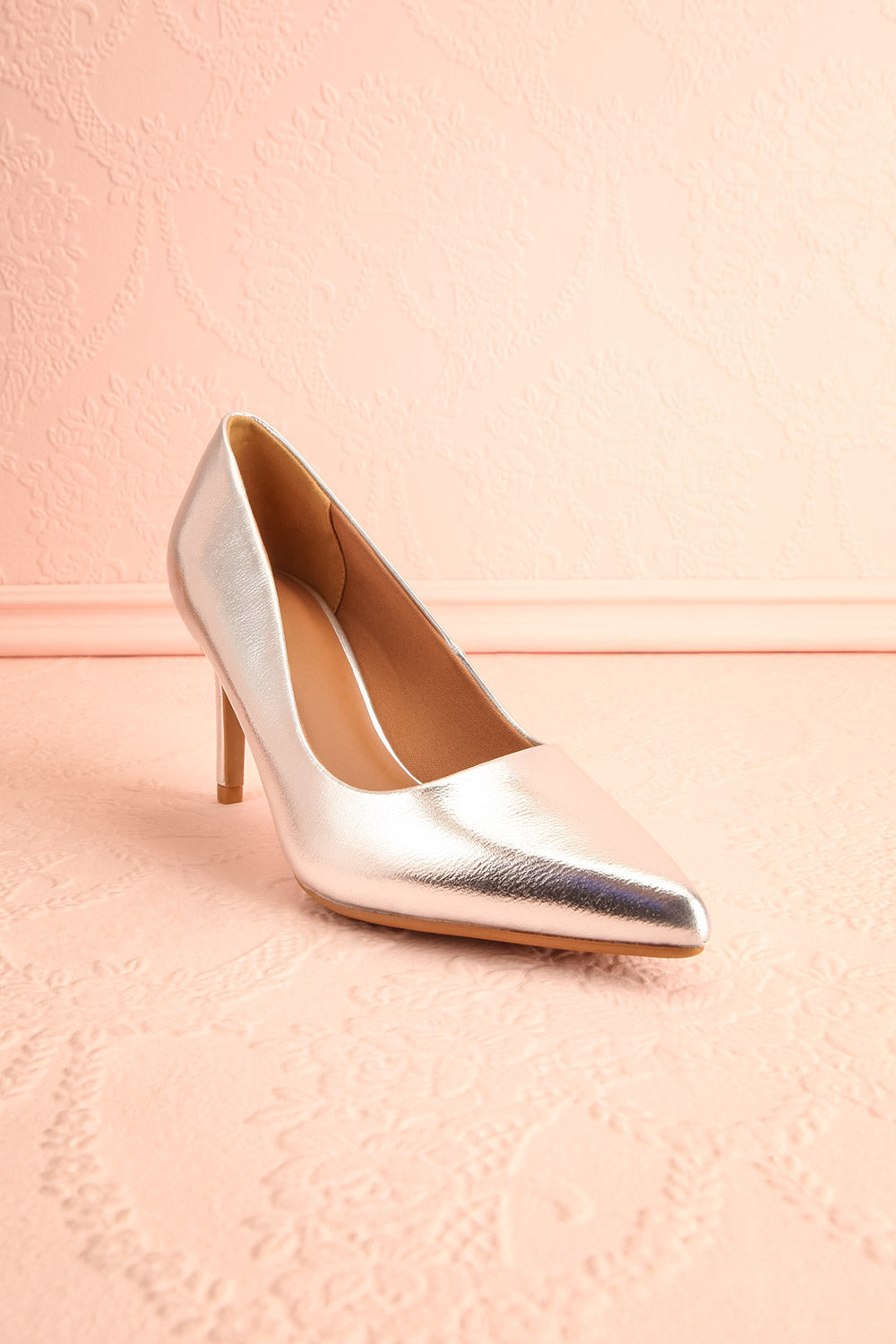 Karah Silver Pointed-Toe Pumps | Boutique 1861 front view