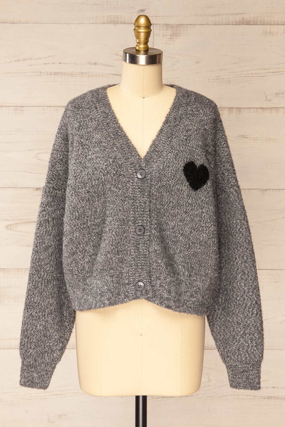 Kardia Grey Knit Cardigan w/ Black Heart | La petite garçonne front view