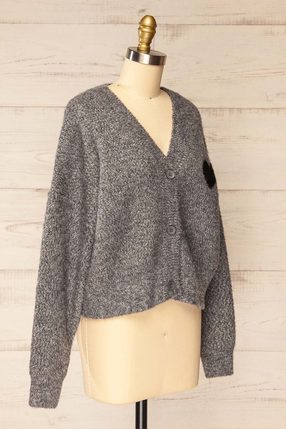 Kardia Grey Knit Cardigan w/ Black Heart | La petite garçonne side view