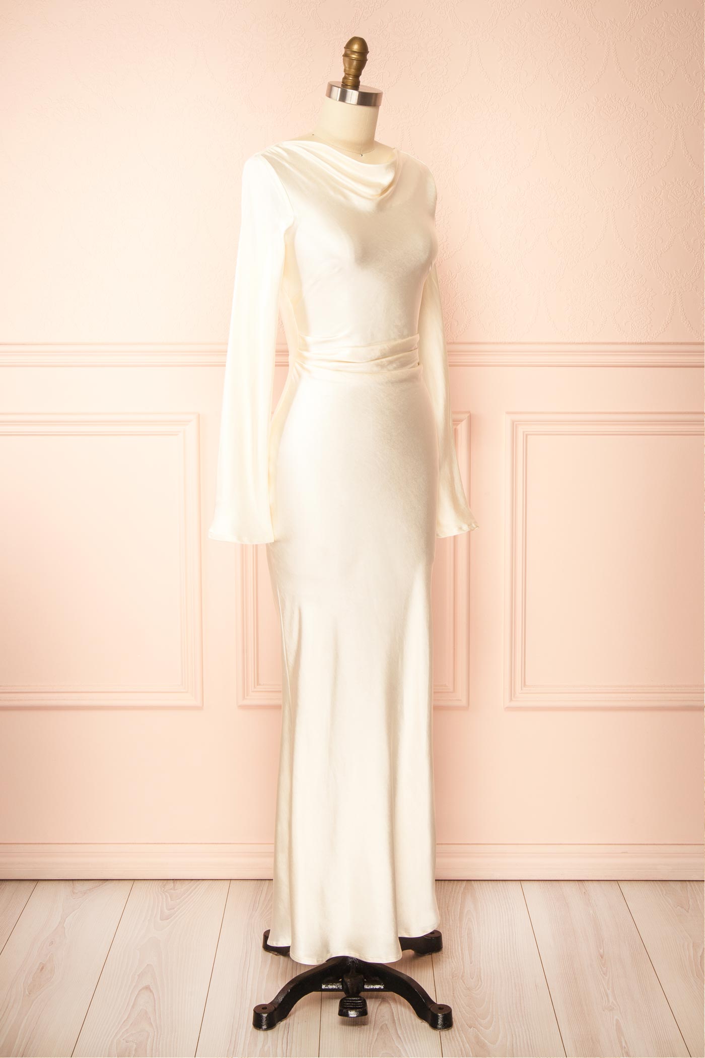 Karen Champagne Satin Backless Long Sleeve Maxi Dress | Boudoir 1861 side view