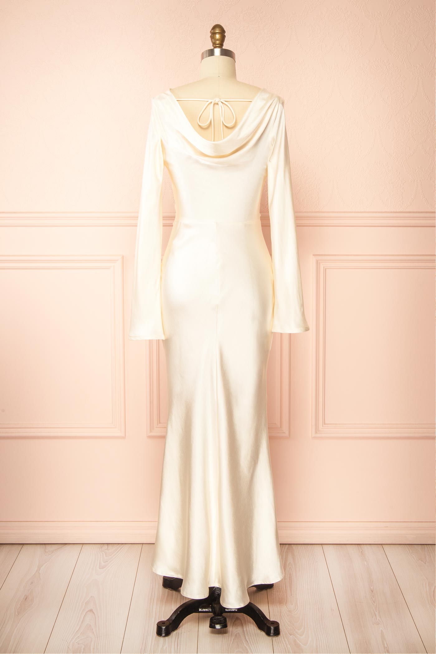Karen Champagne Satin Backless Long Sleeve Maxi Dress | Boudoir 1861 back view