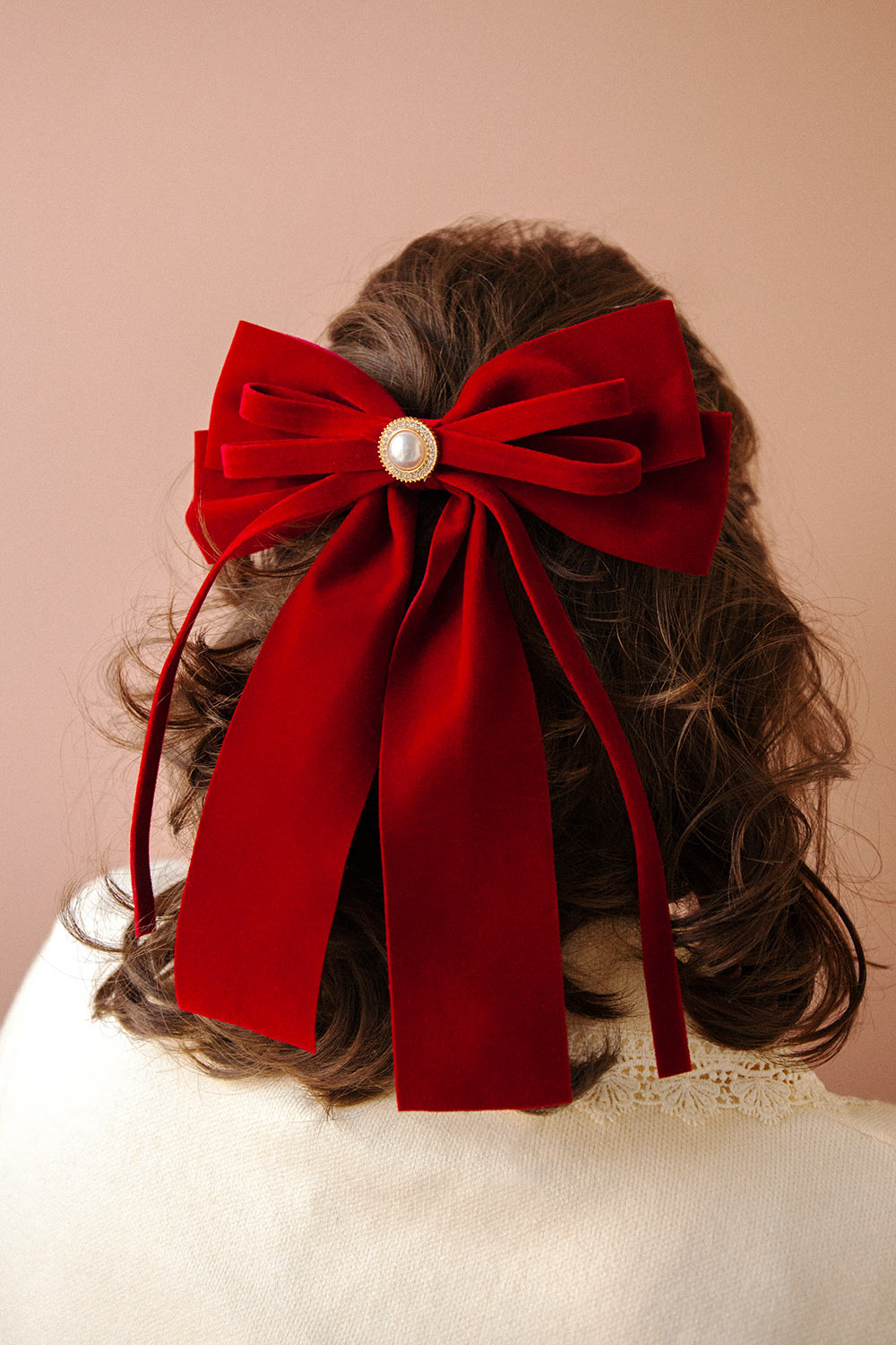 Karissa Burgundy Velvet Bow Hair Clip w/ Pearl | Boutique 1861 model