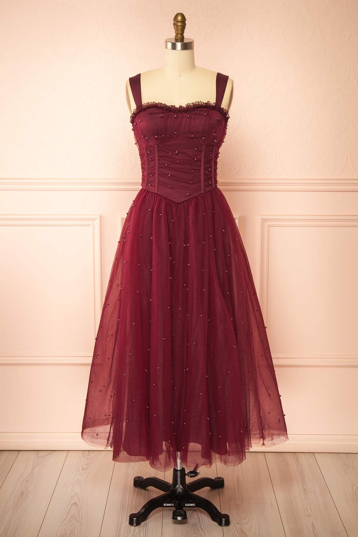 Front view of Kaska Burgundy Midi Tulle Dress with Pearls at Boutique 1861 