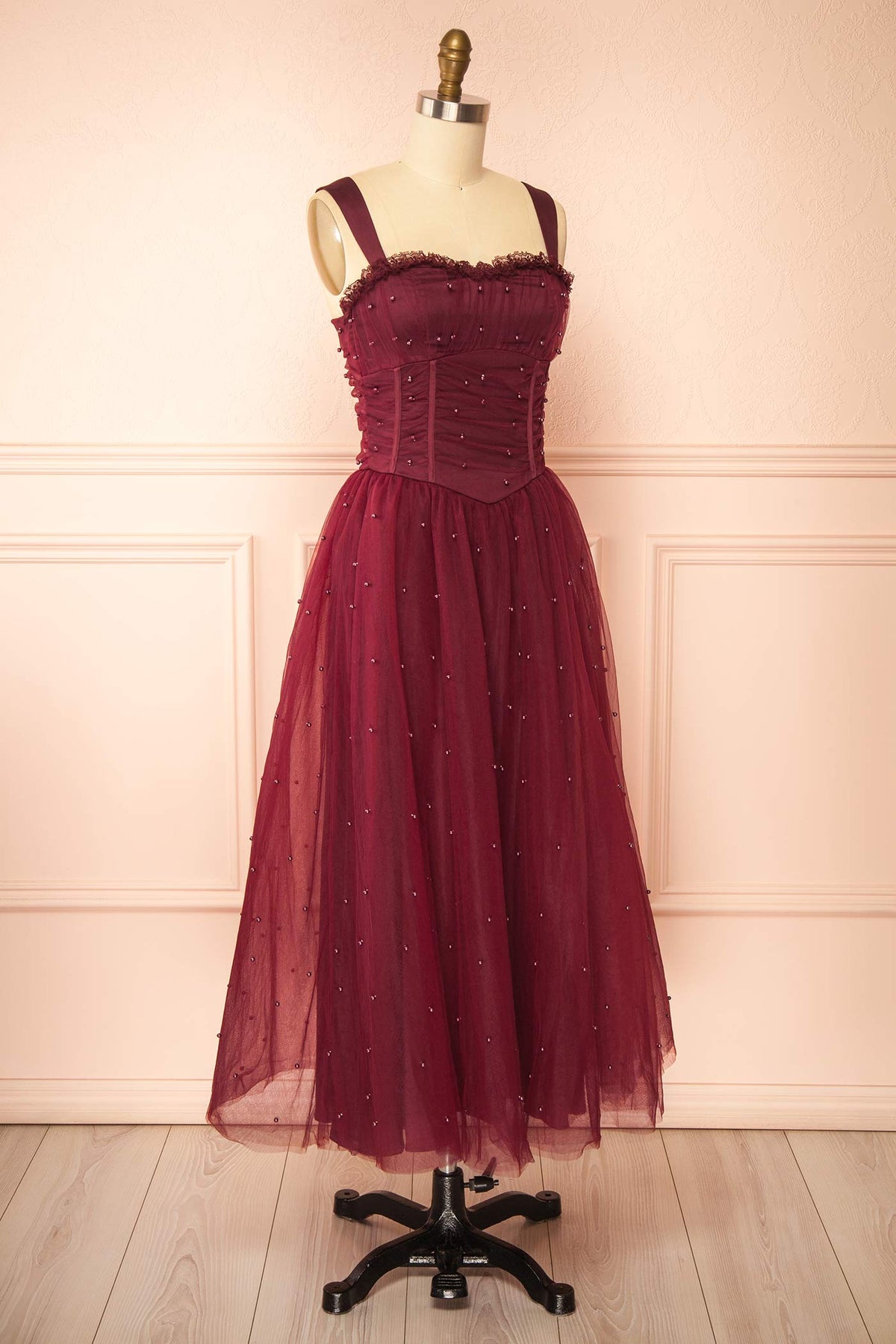 Side view of Kaska Burgundy Midi Tulle Dress with Pearls at Boutique 1861 