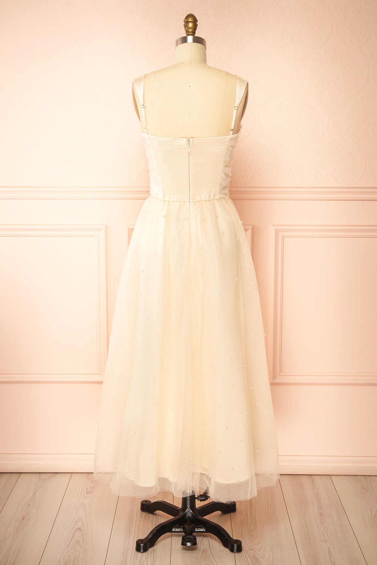 Back view of Kaska Ivory Midi Tulle Dress with Pearls at Boutique 1861 
