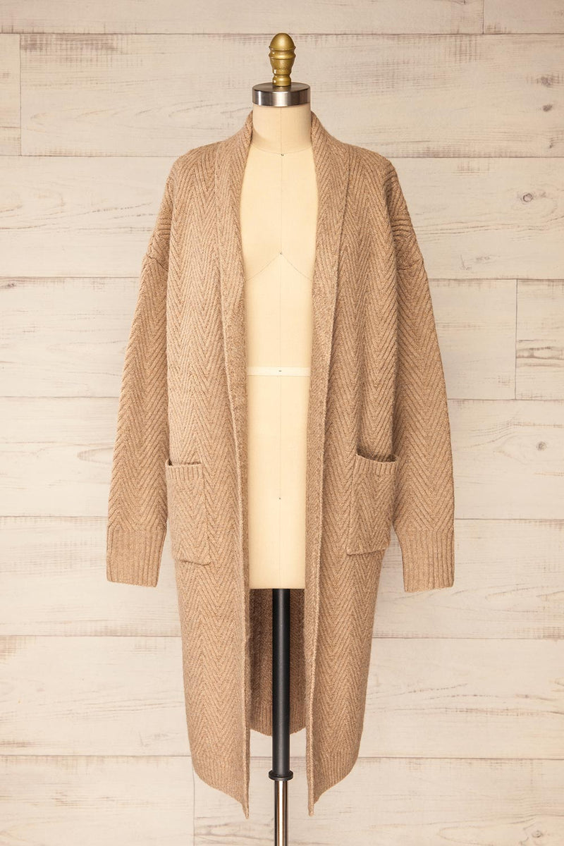 Kastamonu Beige Herringbone Knit Long Cardigan La petite garçonne