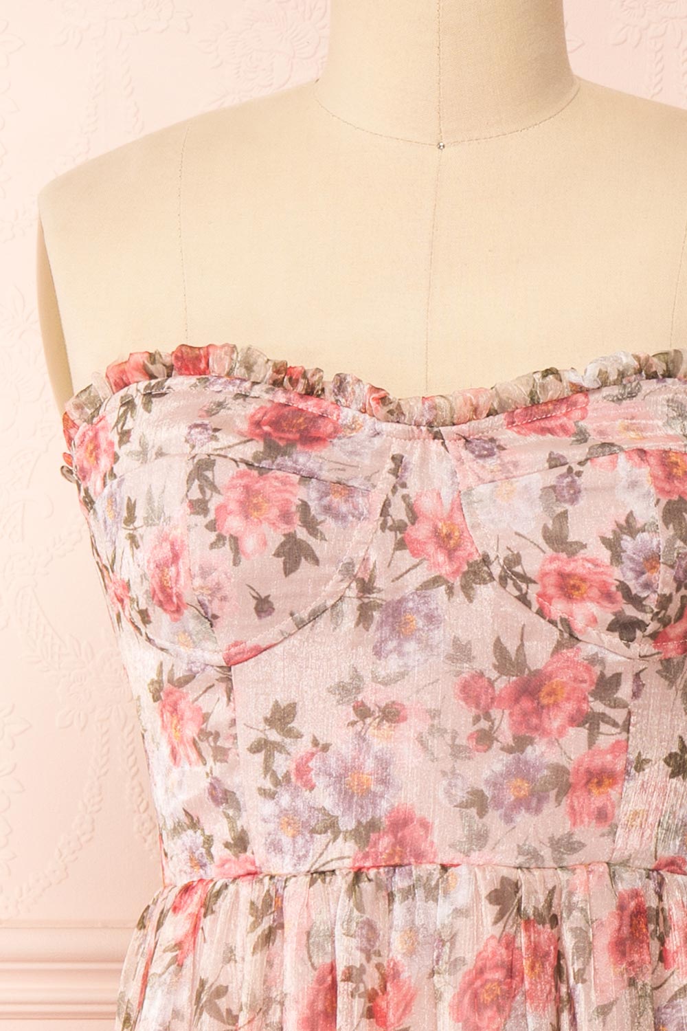 Katara Bustier Floral Midi Dress w/ Removable Straps | Boutique 1861 front close-up