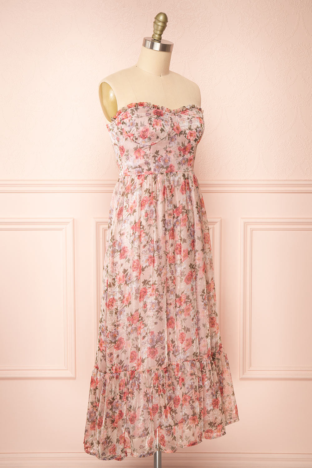 Katara Bustier Floral Midi Dress w/ Removable Straps | Boutique 1861 side view 