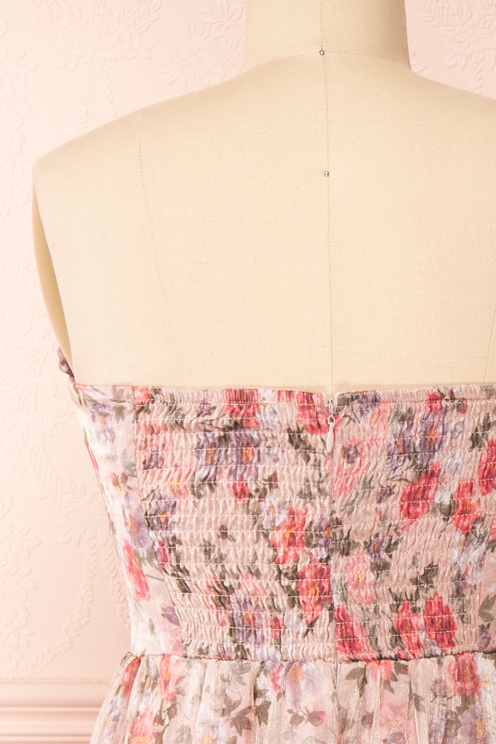 Katara Bustier Floral Midi Dress w/ Removable Straps | Boutique 1861 back close-up