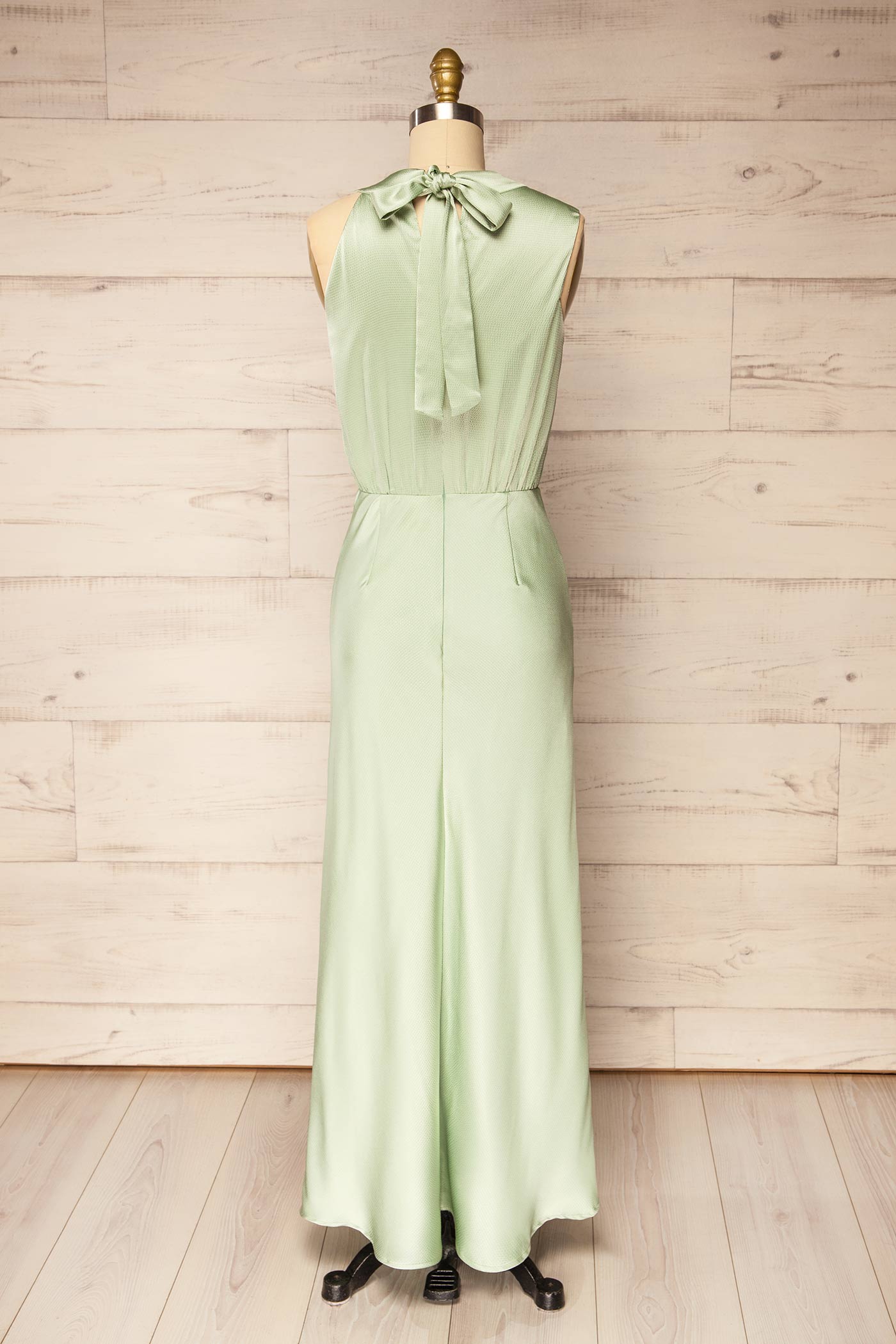 Katye | Draped High Neck Sage Satin Maxi Dress with Back Tie