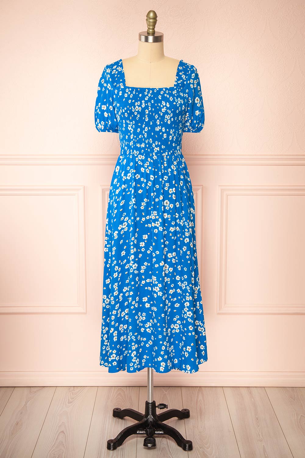 Kazuha Blue Floral Midi Dress w/ Short Sleeves | Boutique 1861 front view