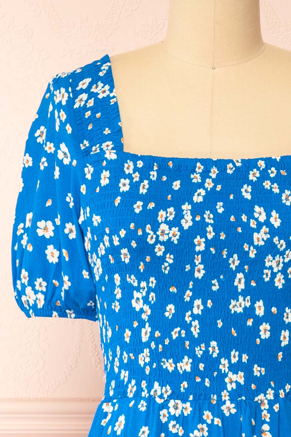 Kazuha Blue Floral Midi Dress w/ Short Sleeves | Boutique 1861  front