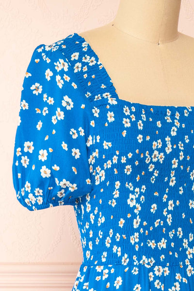 Kazuha Blue Floral Midi Dress w/ Short Sleeves | Boutique 1861  side