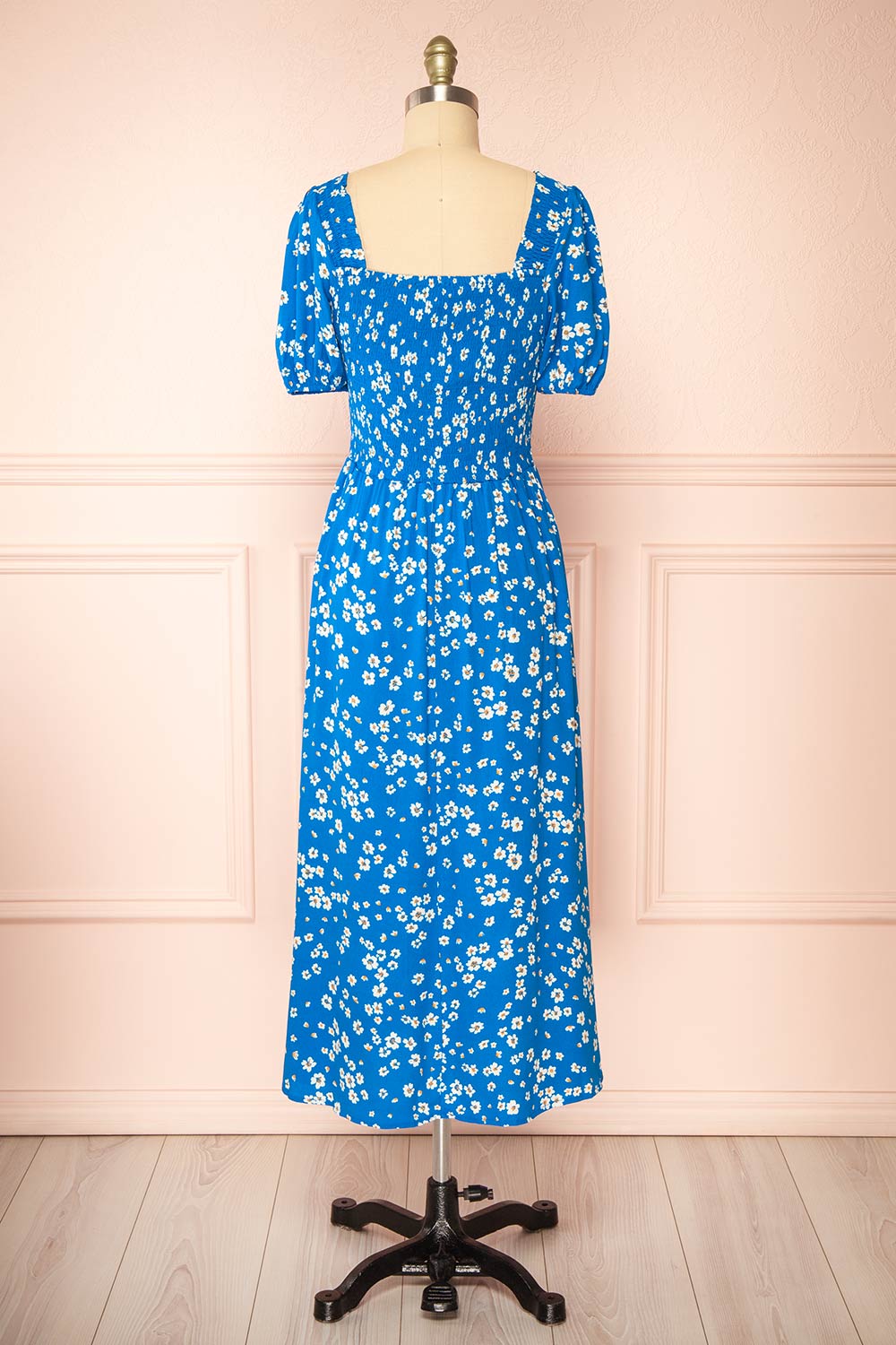 Kazuha Blue Floral Midi Dress w/ Short Sleeves | Boutique 1861  back view