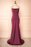 Frontview Keelan Burgundy Cowl Maxi Dress with Open Back at boutique 1861