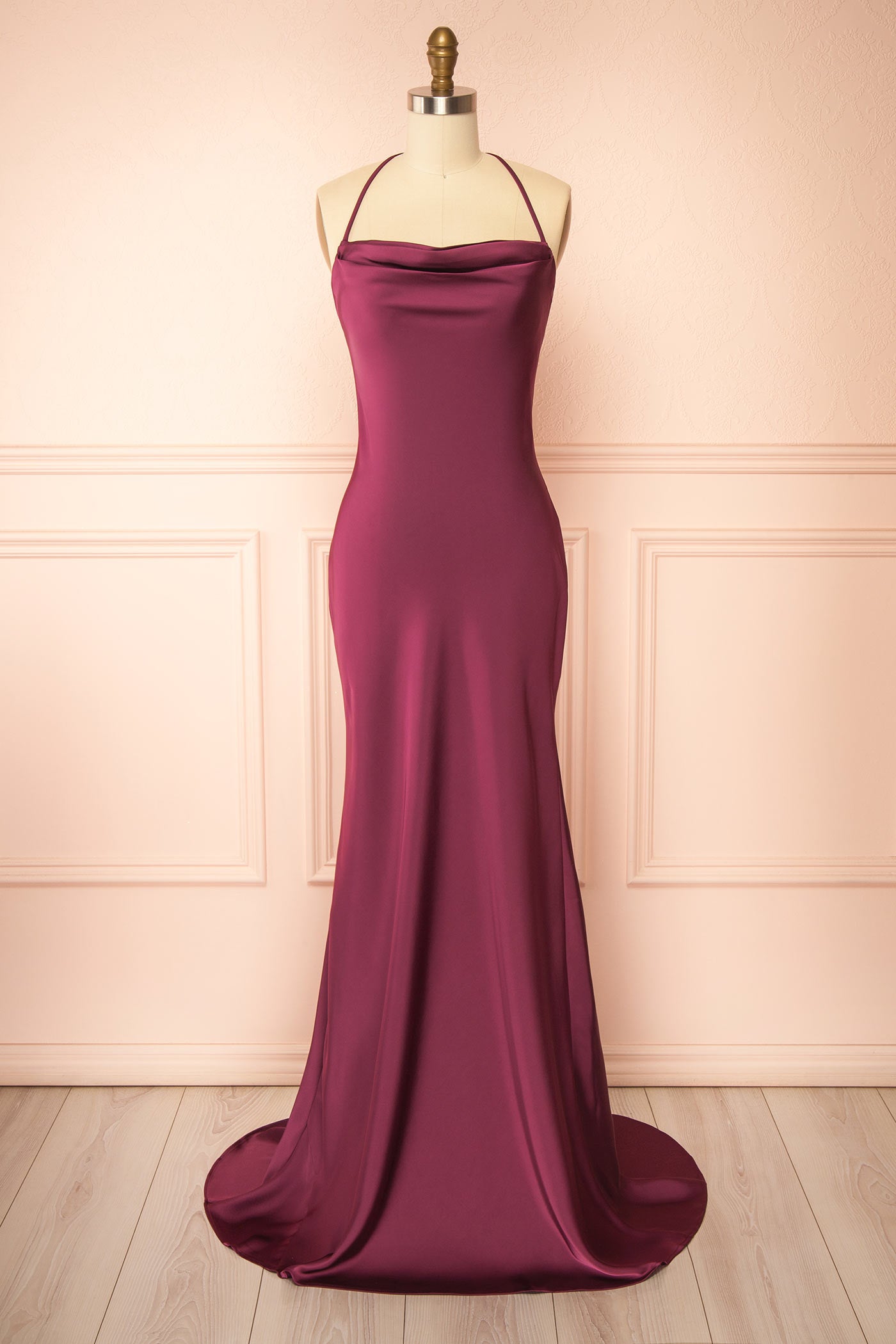 Frontview Keelan Burgundy Cowl Maxi Dress with Open Back at boutique 1861
