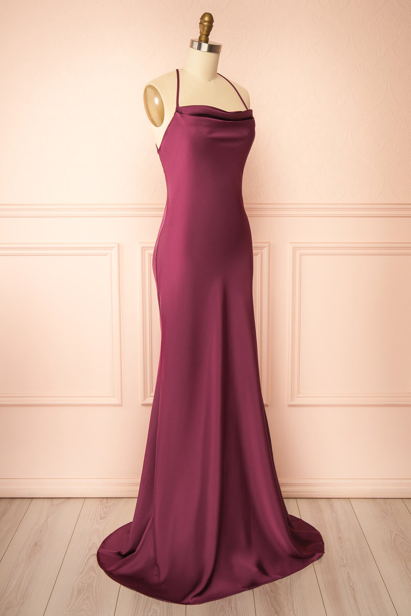 Sideview Keelan Burgundy Cowl Maxi Dress with Open Back at boutique 1861