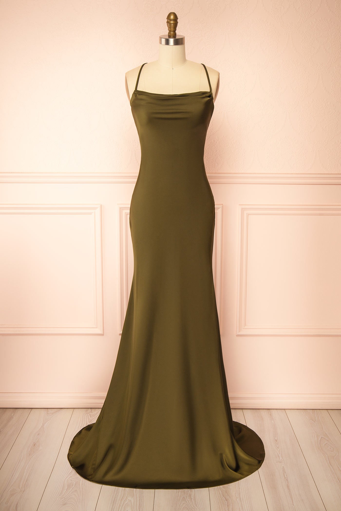 Keelan Khaki Cowl Maxi Dress with Open Back | Boutique 1861 front 