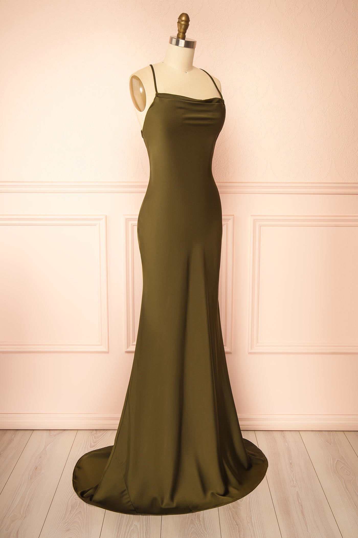 Keelan Khaki Cowl Maxi Dress with Open Back | Boutique 1861 side 