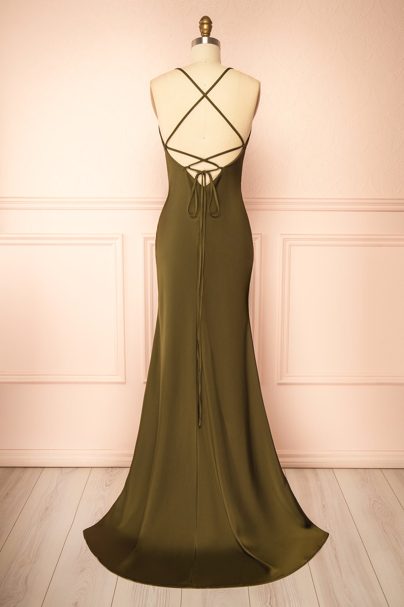 Keelan Khaki Cowl Maxi Dress with Open Back | Boutique 1861 back 