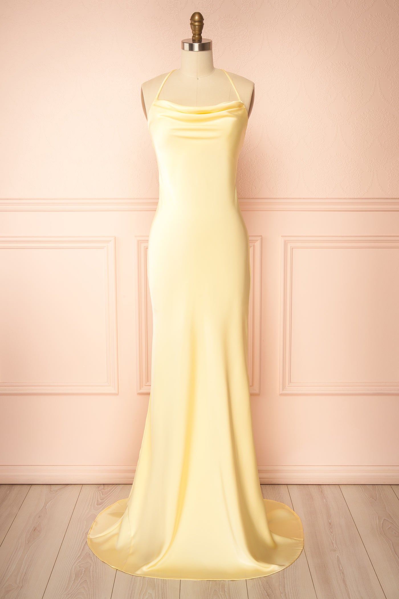 Frontview Keelan Light Yellow Cowl Maxi Dress with Open Back at la boutique 1861