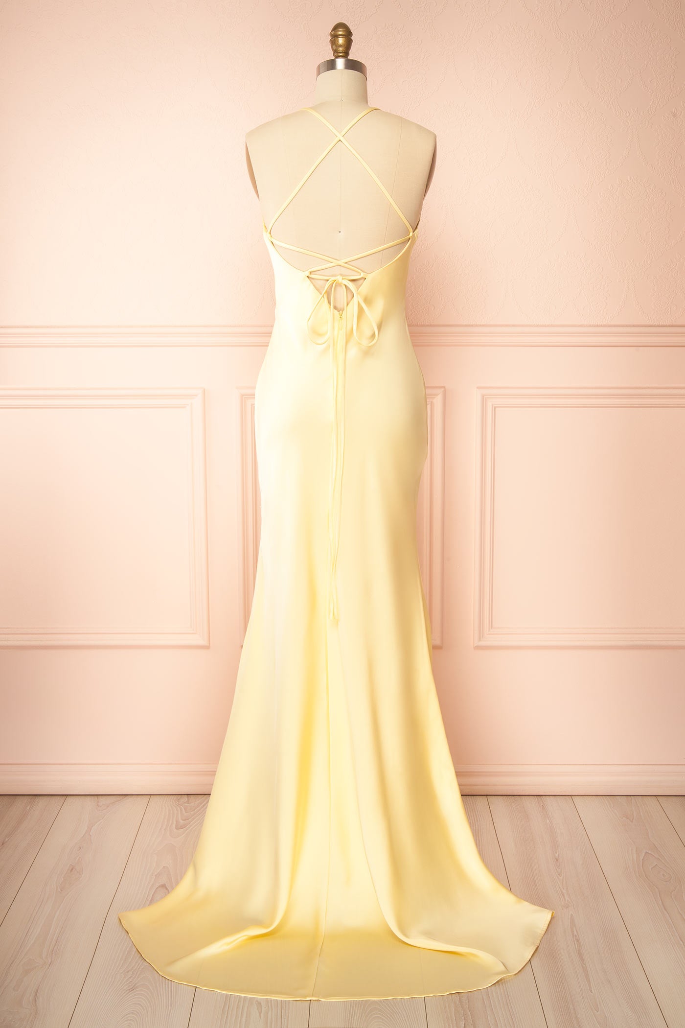 Backview Keelan Light Yellow Cowl Maxi Dress with Open Back at la boutique 1861