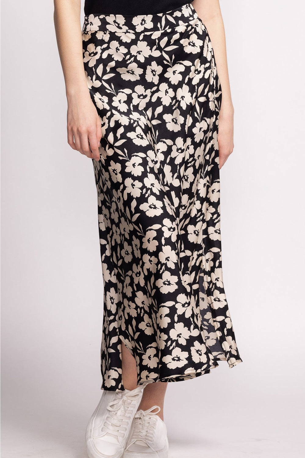 Kelly Black Floral Satin Midi Skirt w/ Pockets | Boutique 1861 on model