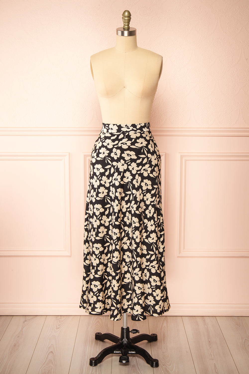 Kelly Black Floral Satin Midi Skirt w/ Pockets | Boutique 1861  front view