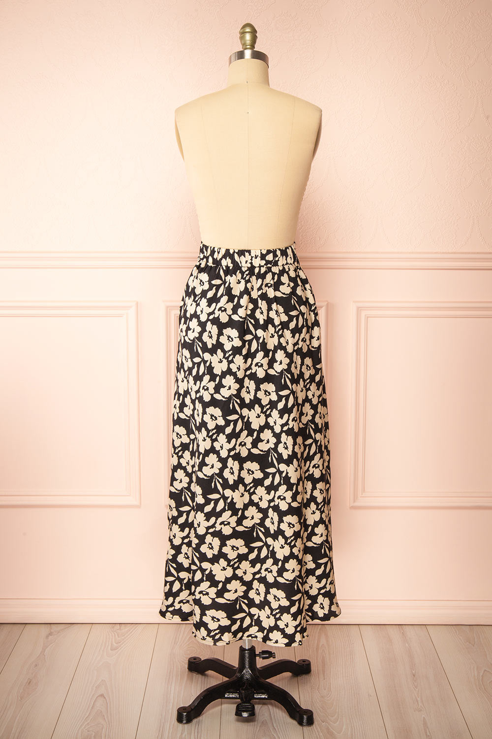 Kelly Black Floral Satin Midi Skirt w/ Pockets | Boutique 1861  back view