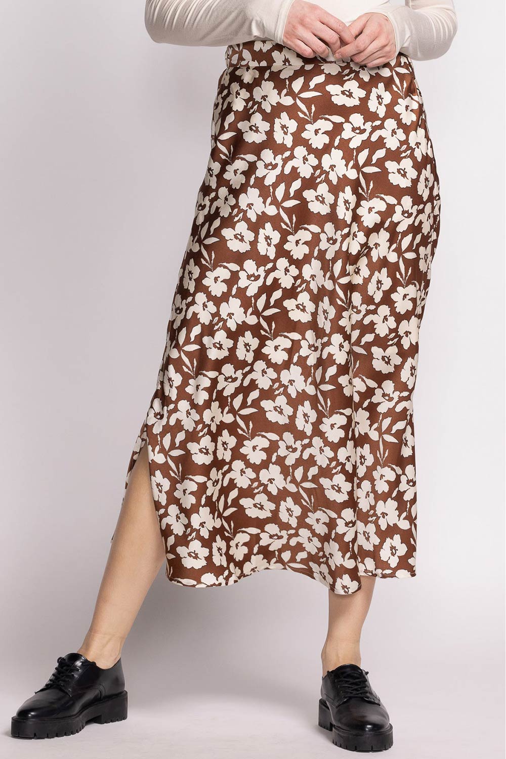 Kelly Brown Floral Satin Midi Skirt w/ Pockets | Boutique 1861 on model