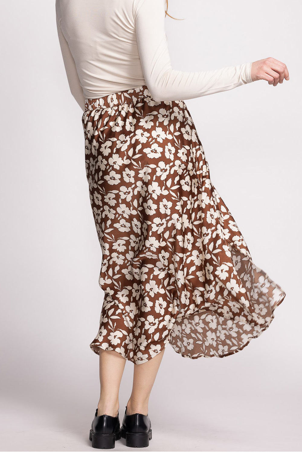 Kelly Brown Floral Satin Midi Skirt w/ Pockets | Boutique 1861 back on model