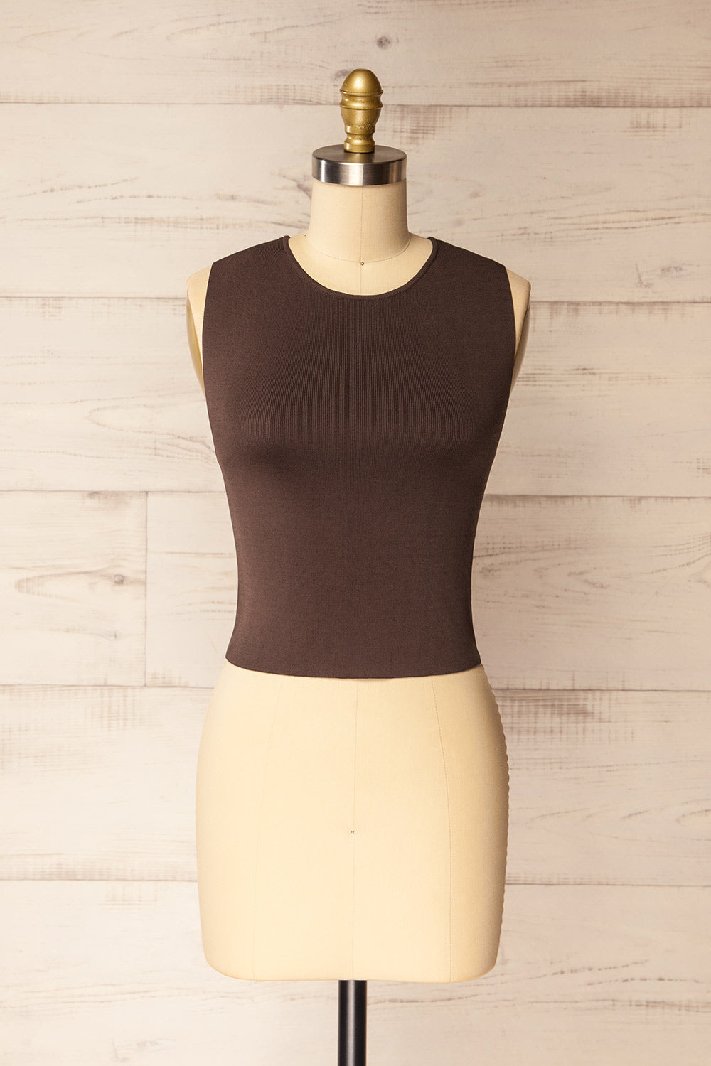 front of a Mannequin wearing a Kerang Brown Ribbed Crop Top from La petite garçonne