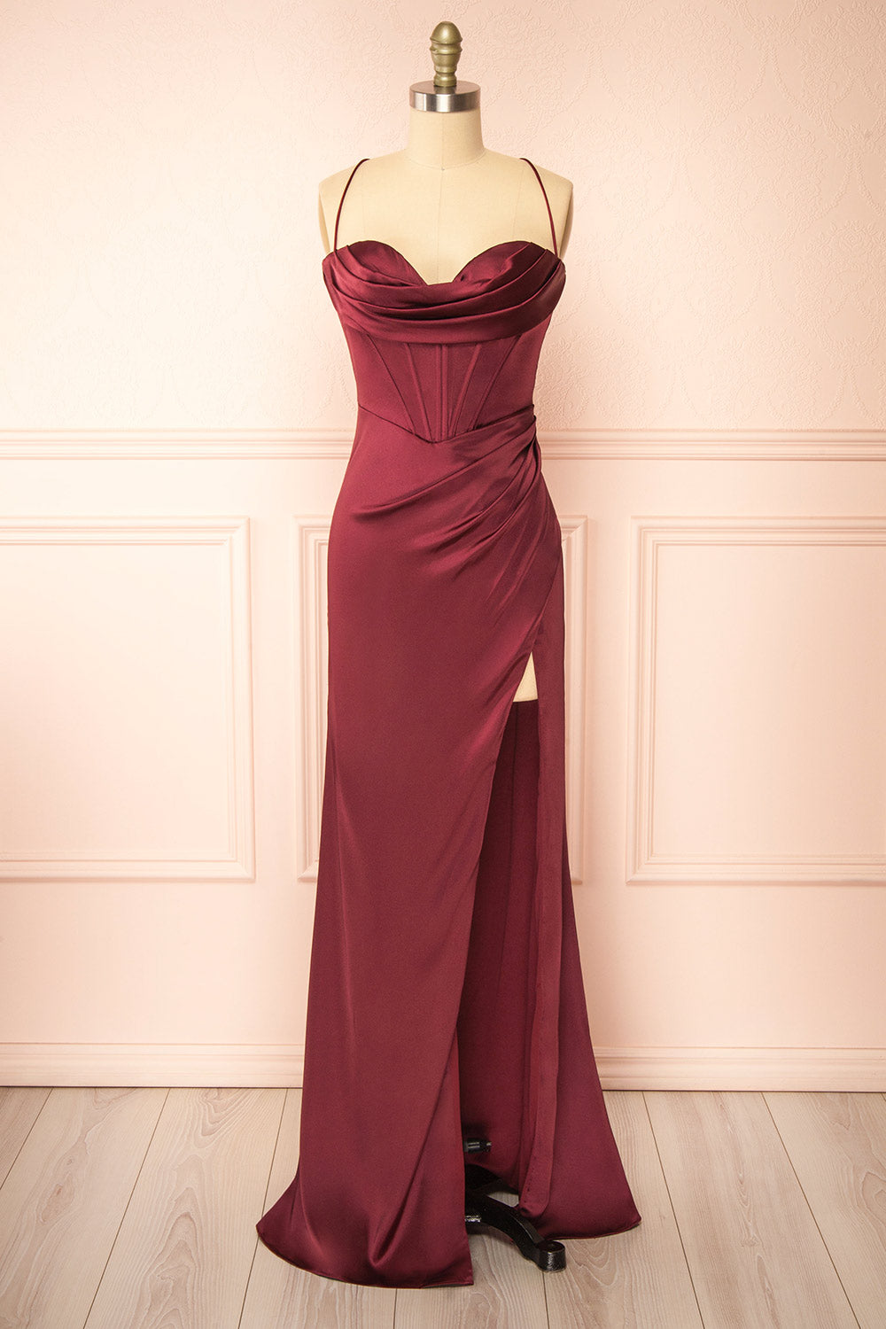 Kesha Burgundy Corset Cowl Neck Maxi Dress | Boutique 1861 front view