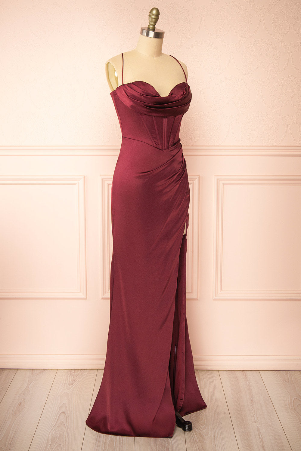 Kesha Burgundy Corset Cowl Neck Maxi Dress | Boutique 1861 side view