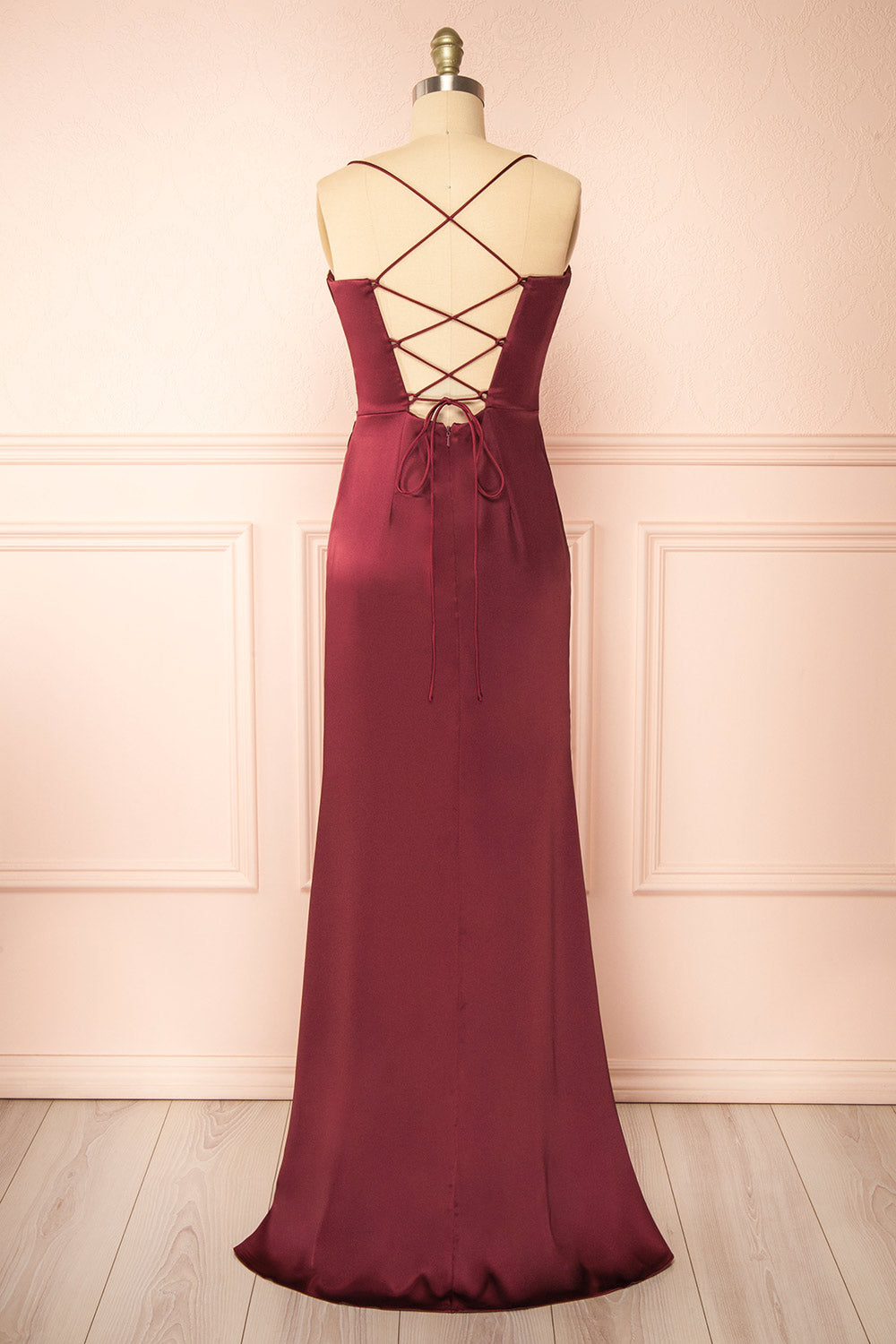 Kesha Burgundy Corset Cowl Neck Maxi Dress | Boutique 1861 back view